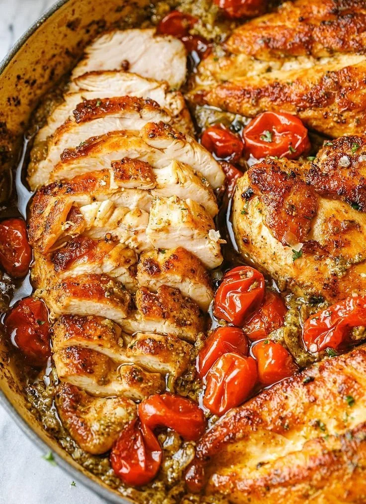 Creamy pesto chicken served with roasted tomatoes on a plate