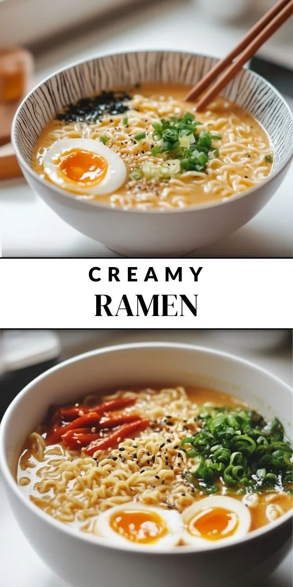 Creamy ramen served in a bowl with fresh toppings and herbs.