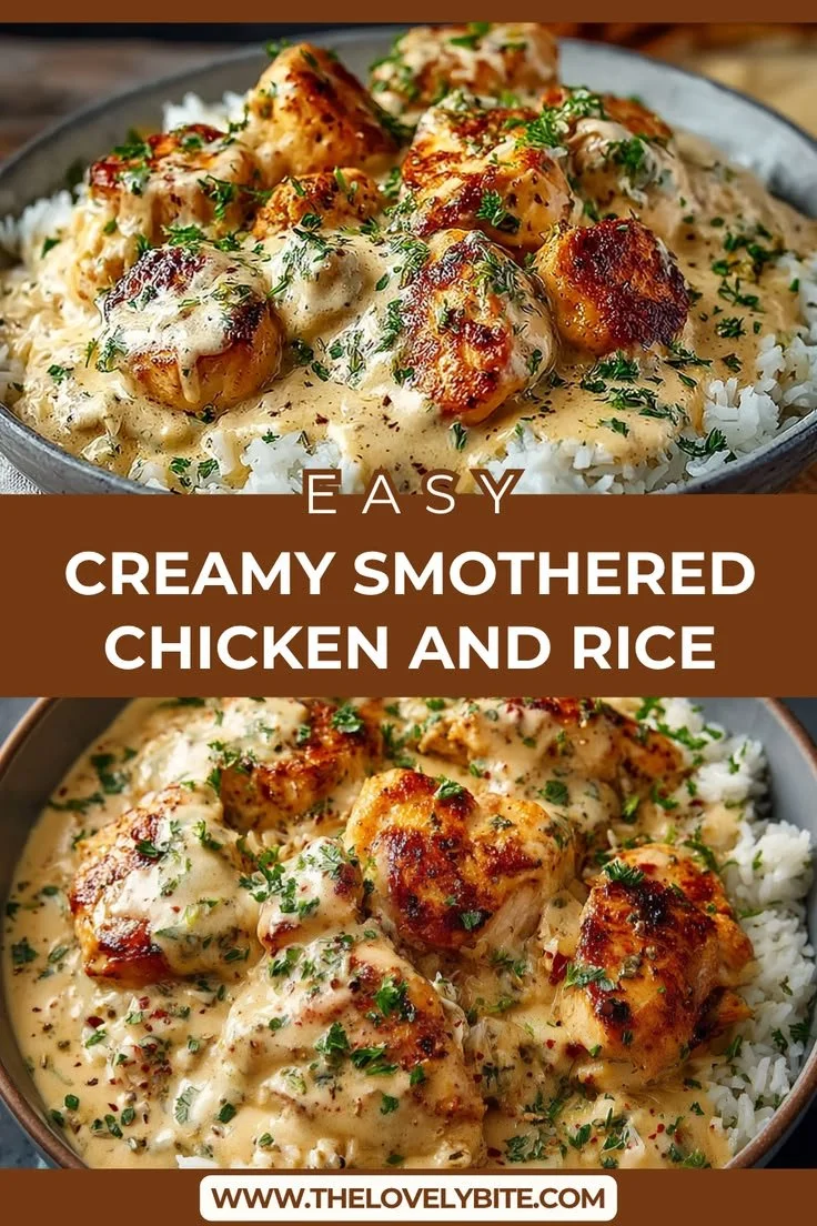Creamy smothered chicken served on rice for a comforting dinner