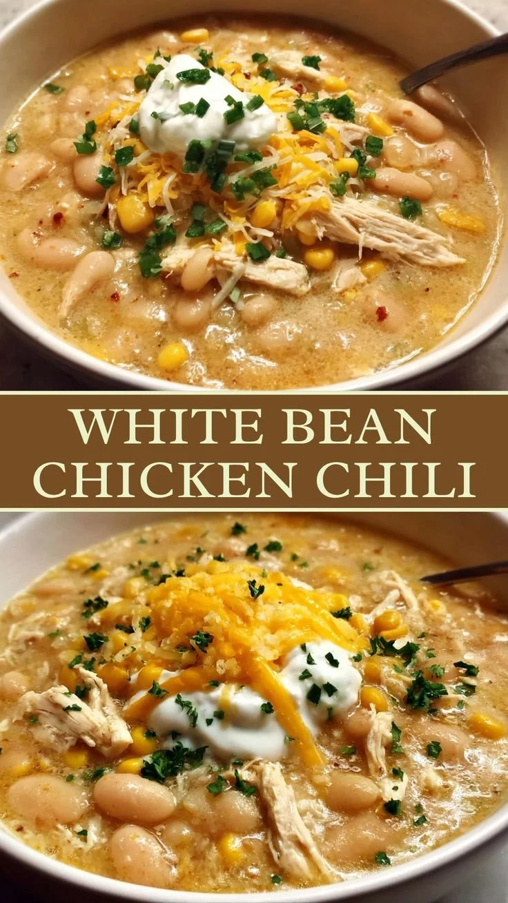 Creamy white bean chicken chili served in a bowl, garnished with cilantro.