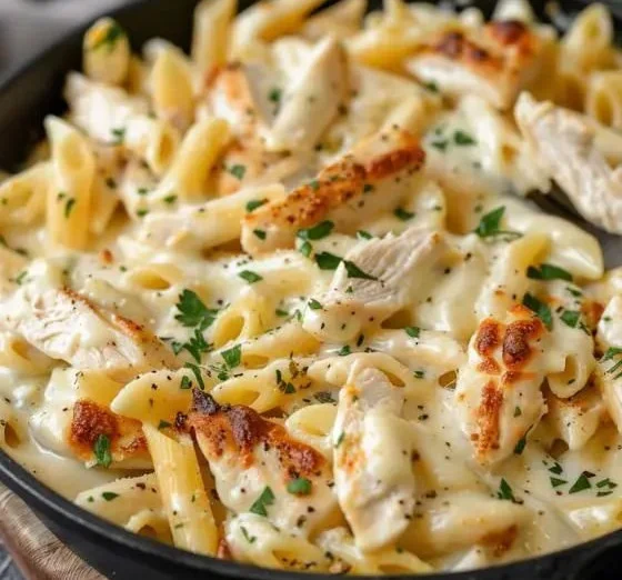 Creamy white cheddar chicken pasta dish garnished with herbs