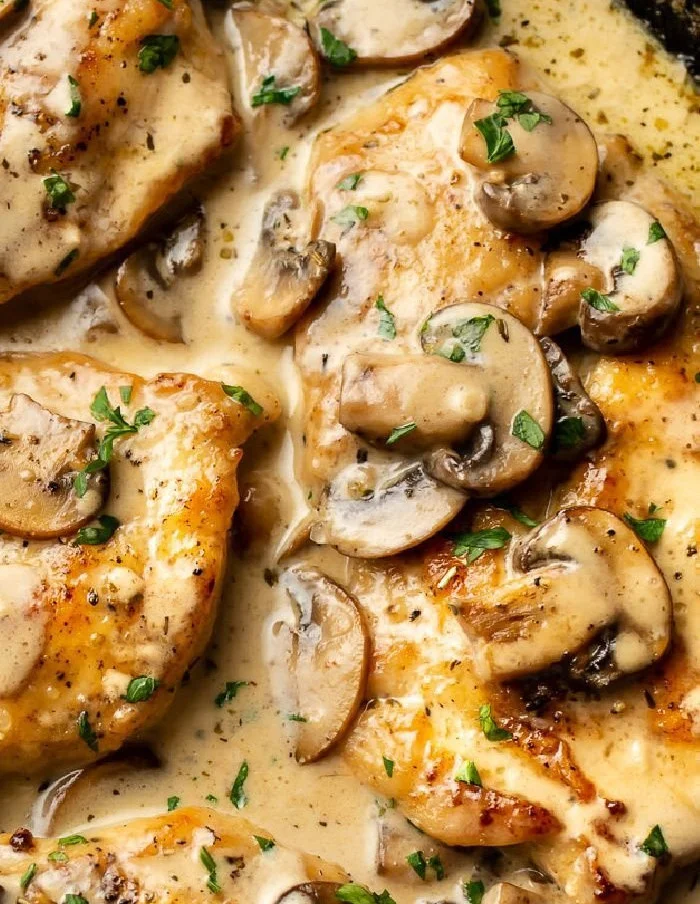 Creamy white wine chicken dish with herbs and vegetables