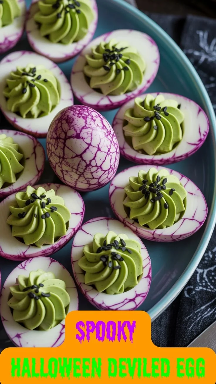 Creepy deviled eggs for Halloween party snack