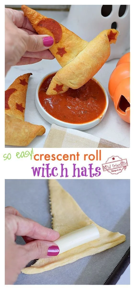 Crescent roll witch hats, a fun Halloween treat for kids.