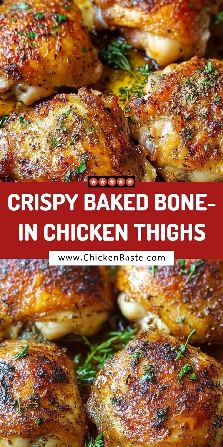 Crispy baked bone-in chicken thighs with crackling skin on a serving platter.