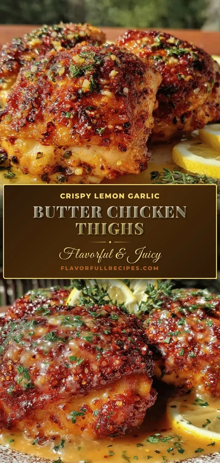 Crispy oven baked chicken thighs with lemon garlic butter on a plate