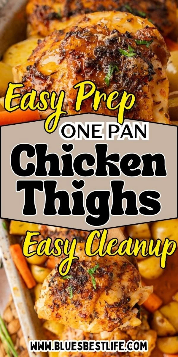 Crispy oven baked chicken thighs with potatoes and carrots on a sheet pan