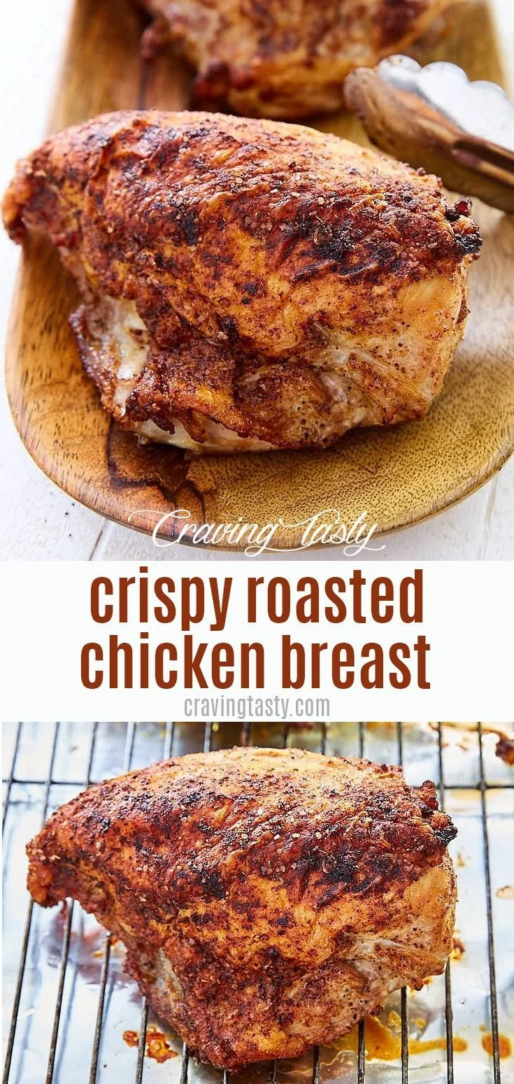 Crispy oven roasted chicken breast fresh out of the oven, garnished and ready to serve.