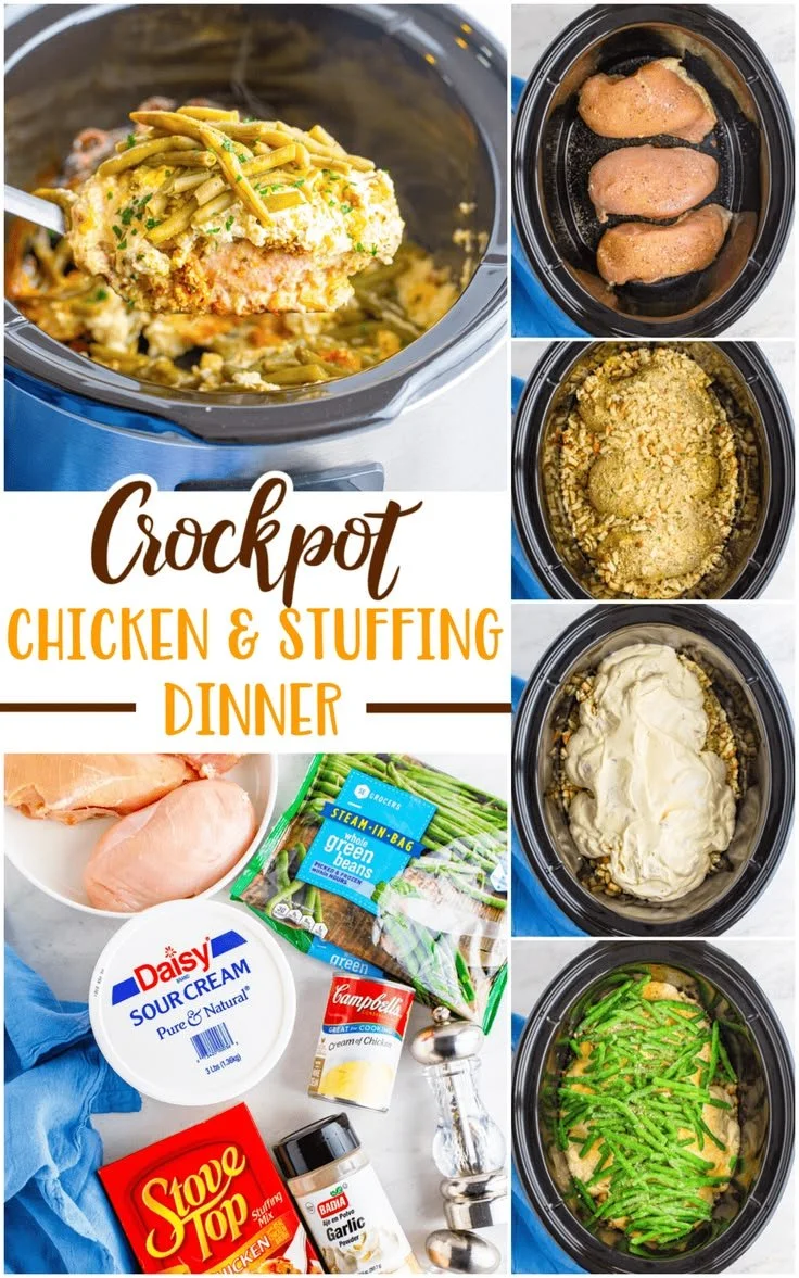 Delicious Crock Pot Chicken with stuffing cooking in a slow cooker.