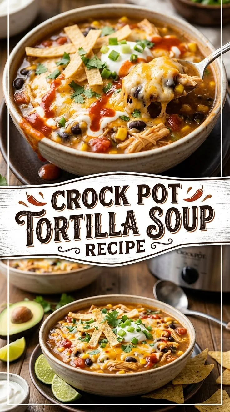 Crock Pot Tortilla Soup served in a bowl with tortilla chips and garnished with avocado