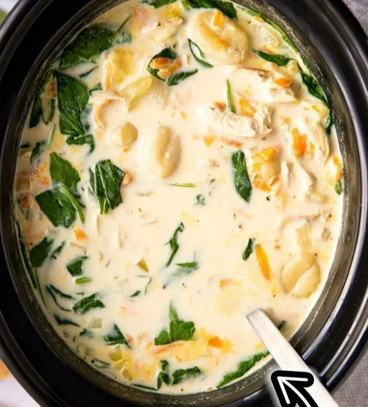 Bowl of Crockpot Chicken Gnocchi Soup with fresh ingredients