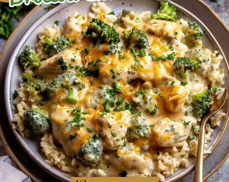 Crockpot creamy broccoli cheddar chicken with broccoli and melted cheese
