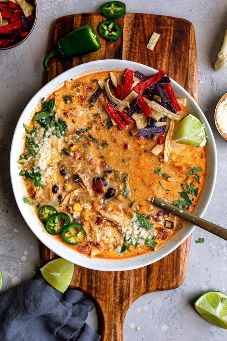 Bowl of Crockpot Creamy Chicken Tortilla Soup topped with tortilla strips and cilantro