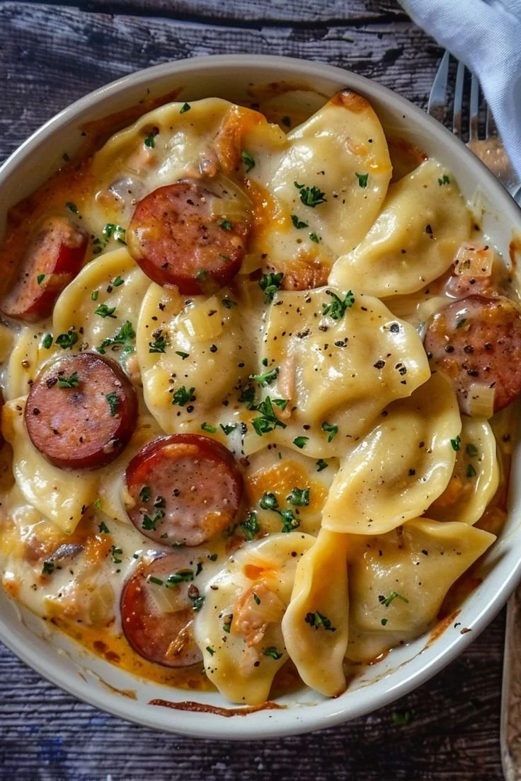 Crockpot Pierogi Casserole with Kielbasa served in a rustic dish