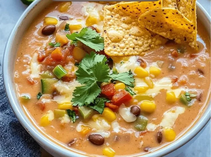 Bowl of Crockpot Vegetarian Tortilla Soup garnished with tortilla strips and cilantro.