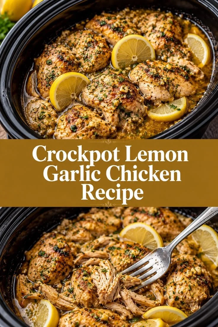 Delicious crockpot lemon garlic chicken served with fresh herbs.