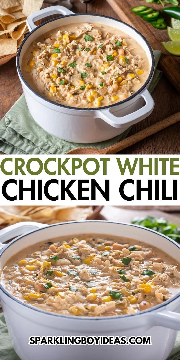 Crockpot white chicken chili in a bowl topped with cilantro and lime