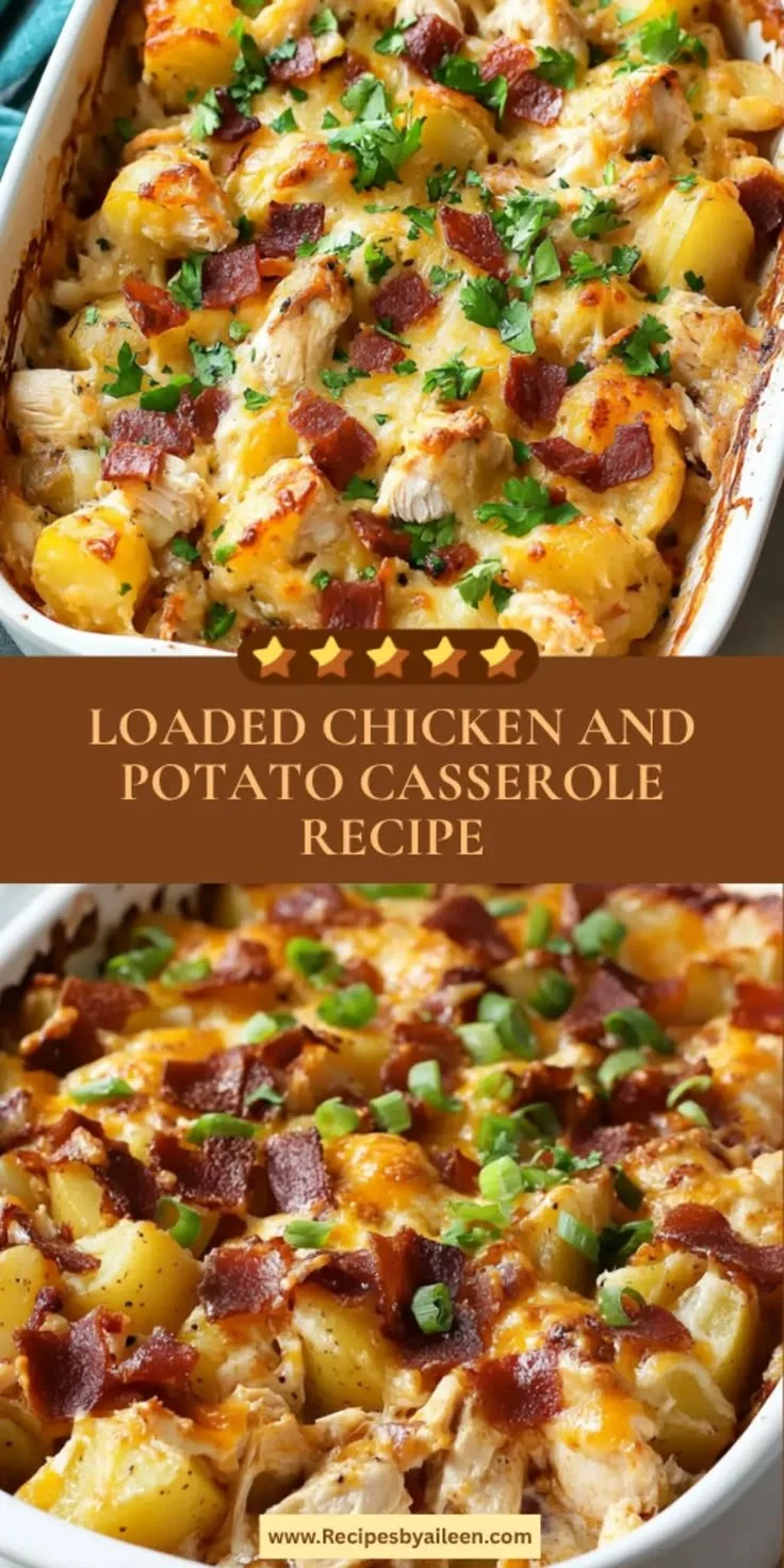 Loaded chicken casserole with potatoes and cheese, perfect for dinner
