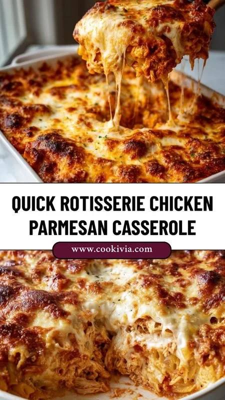 Delicious chicken parmesan casserole with rotisserie chicken baked in cheese and sauce