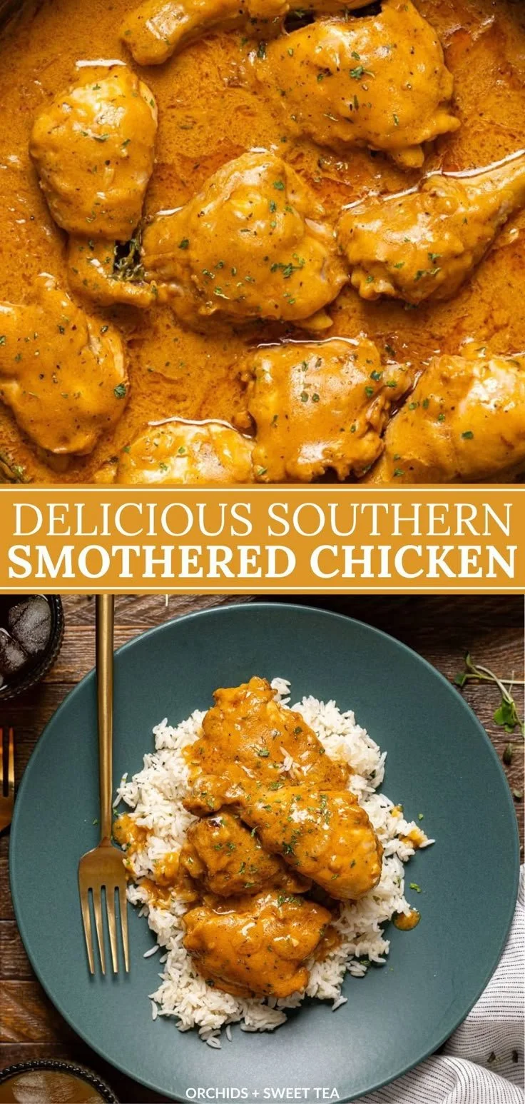 Delicious Southern smothered chicken served on a plate with gravy and sides.