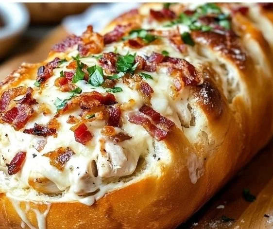 Cheesy chicken bacon ranch sandwich on a plate, garnished with herbs.