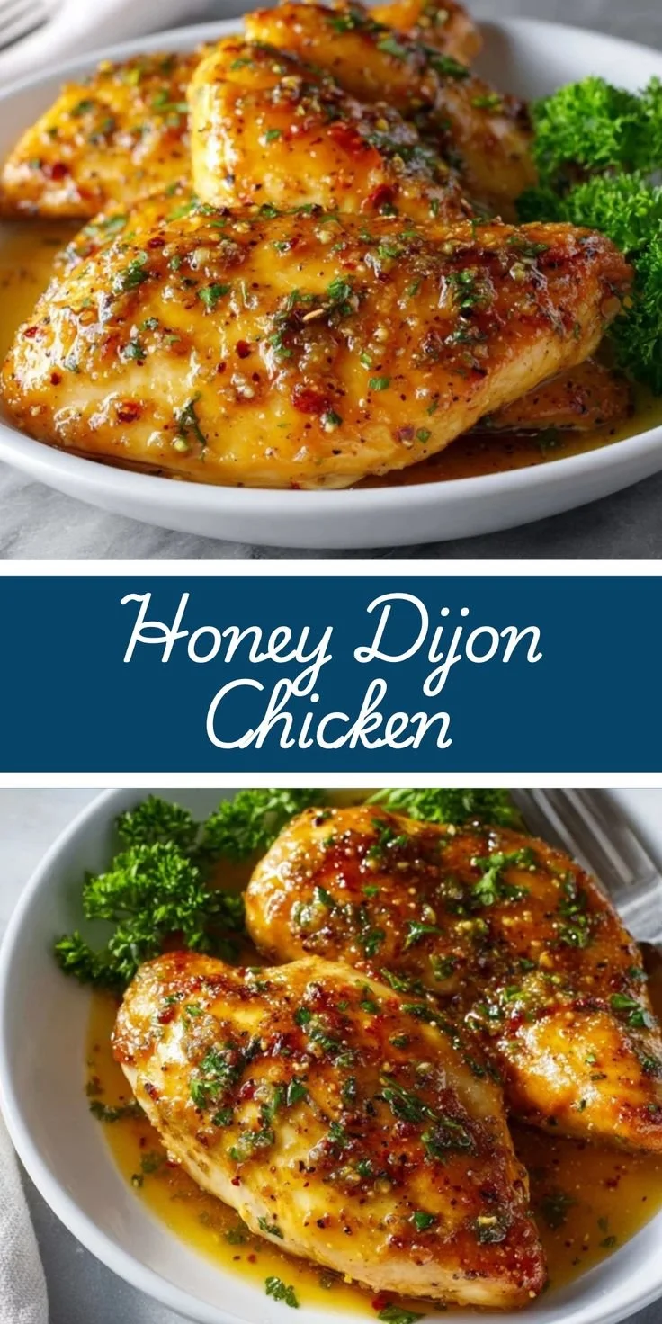 Deliciously baked honey dijon chicken topped with sweet mustard glaze and fresh herbs