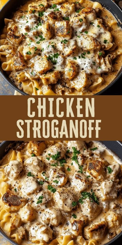 Bowl of Easy Chicken Stroganoff for cozy nights in, featuring chicken and creamy sauce.