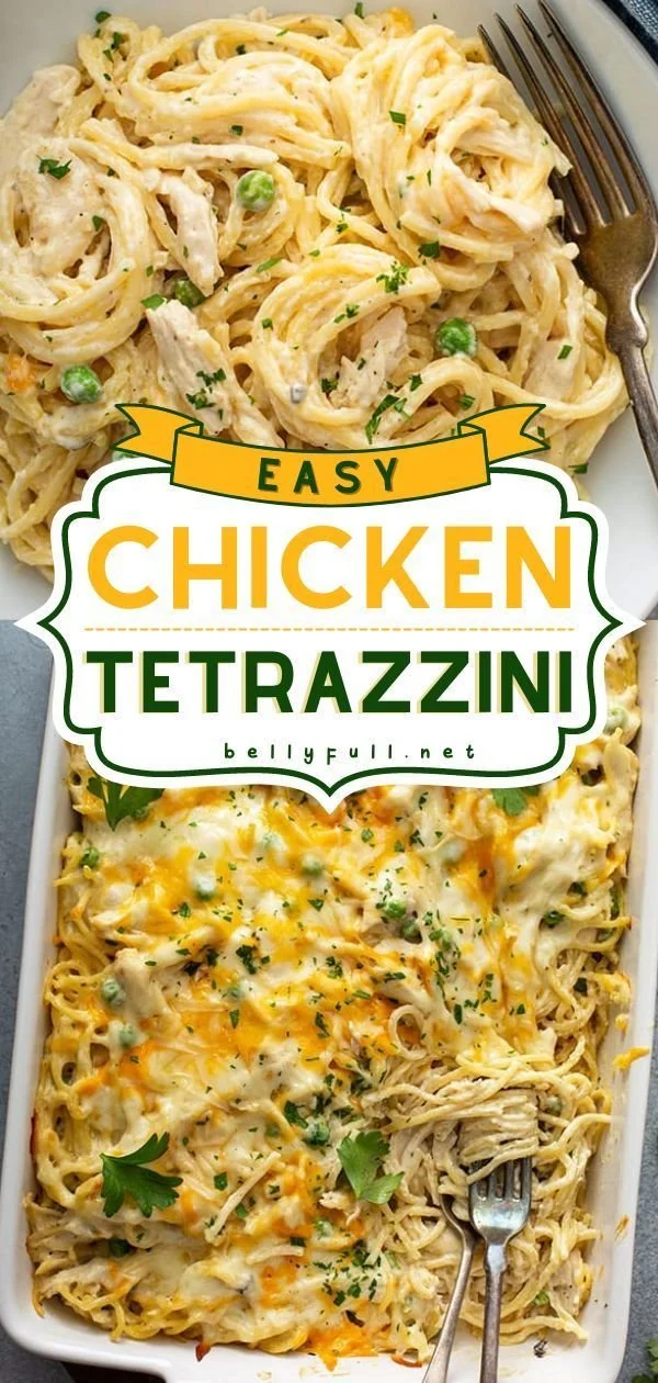A delicious serving of easy chicken tetrazzini with creamy sauce and pasta.