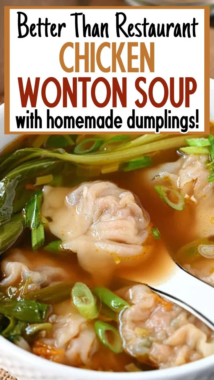 Homemade Chicken Wonton Soup with Dumplings in a bowl