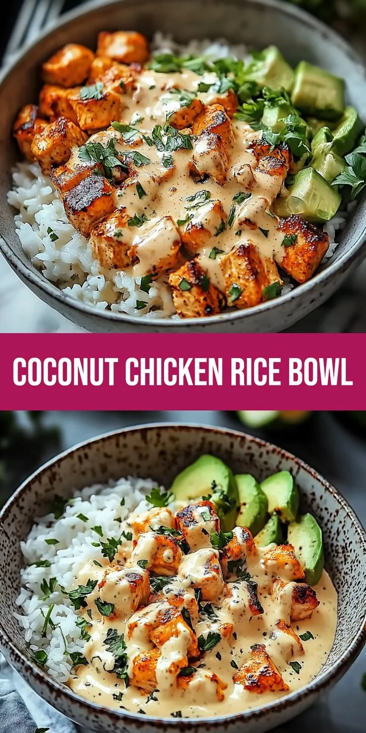 Delicious coconut chicken rice bowl served in a colorful dish