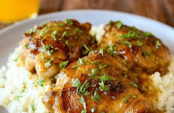 Easy Crockpot chicken thighs cooked in creamy gravy