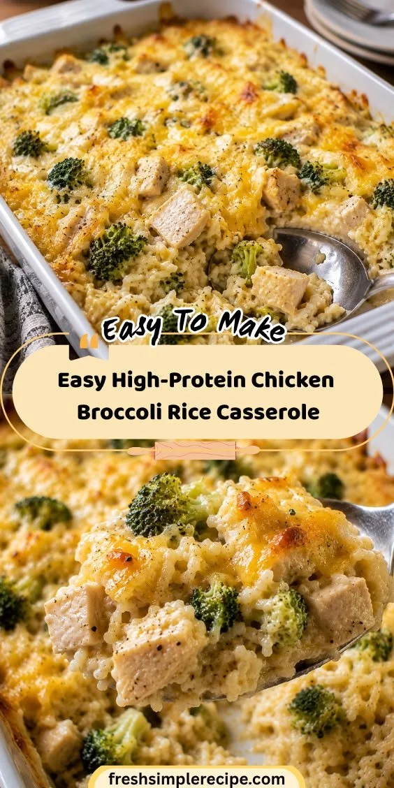 High-protein chicken broccoli rice casserole baked in a dish