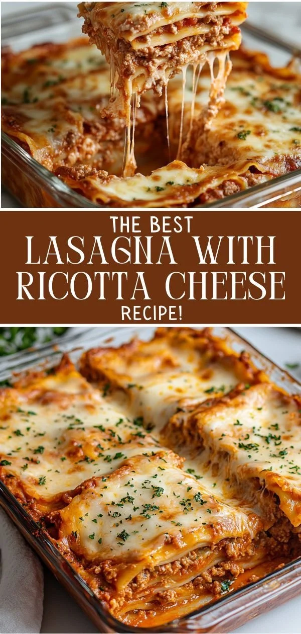 Easy homemade lasagna recipe with ricotta cheese and layers of pasta.
