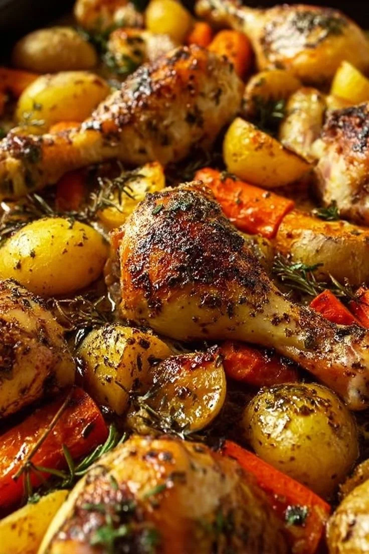 One pan chicken drumsticks with roasted vegetables on a sheet pan dinner