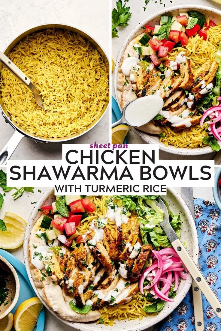 Delicious chicken shawarma bowl served with turmeric rice on a sheet pan
