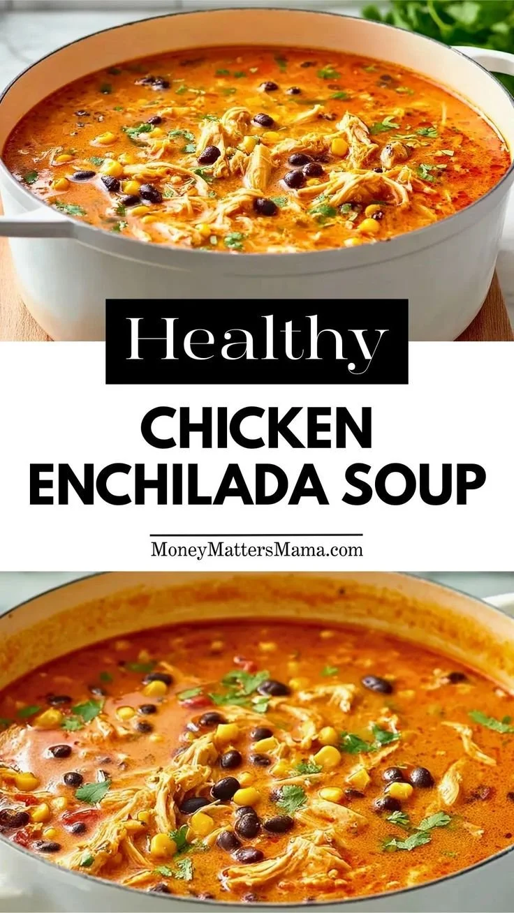 A bowl of creamy chicken enchilada soup topped with cheese and cilantro.