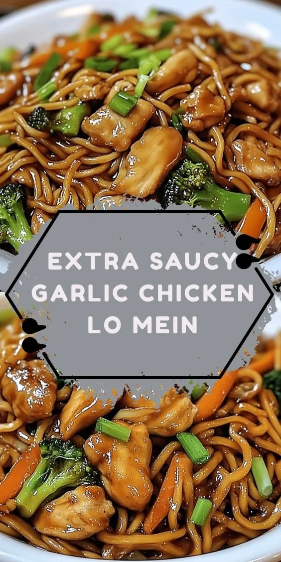 Delicious Extra Saucy Garlic Chicken Lo Mein served in a bowl with fresh vegetables.