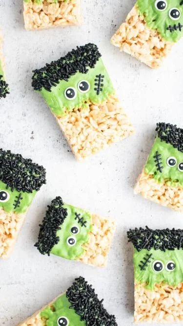 Halloween-themed Frankenstein Rice Krispie Treats, colorful and delicious