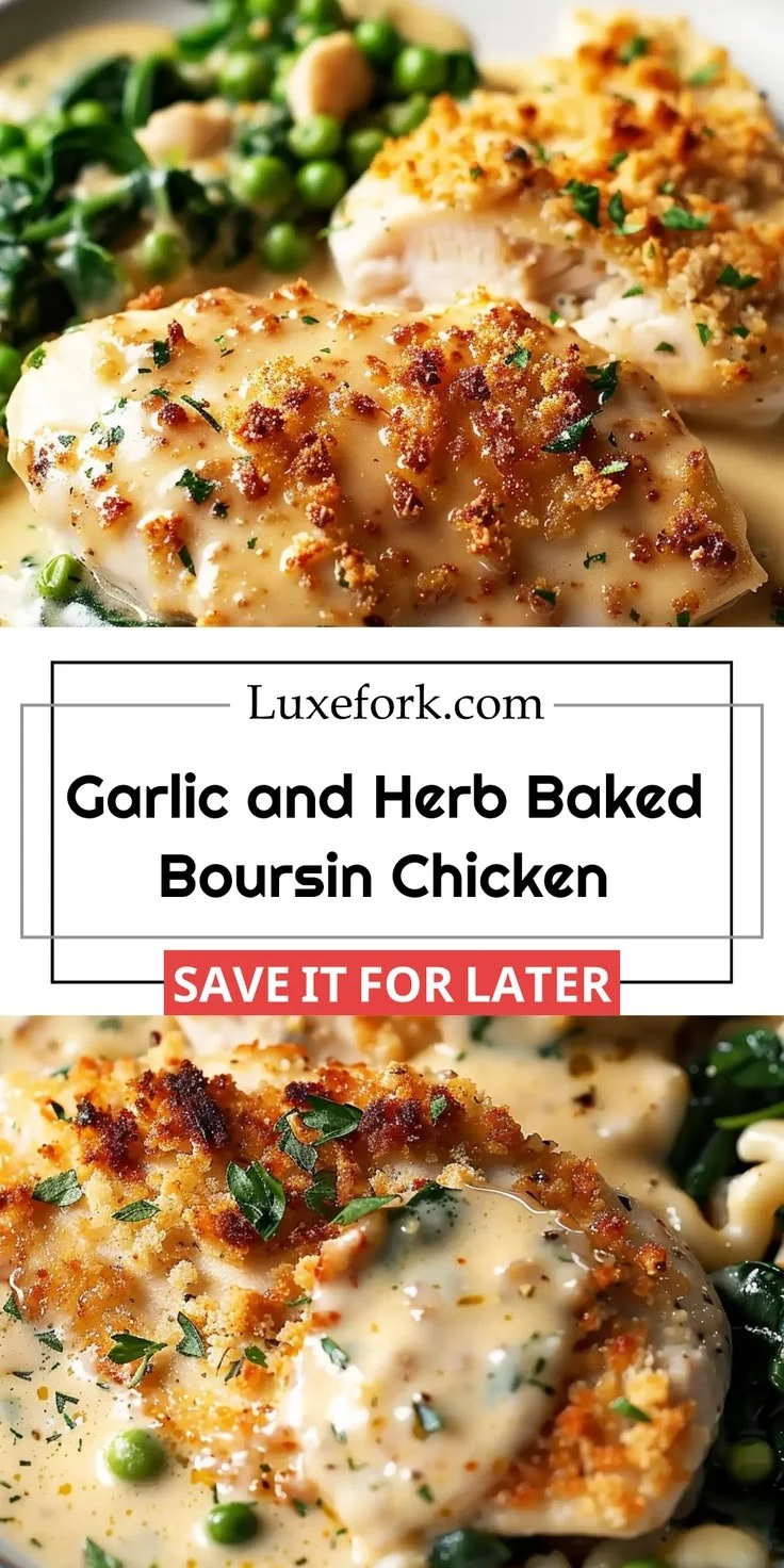 Baked Boursin chicken topped with garlic and herbs on a plate