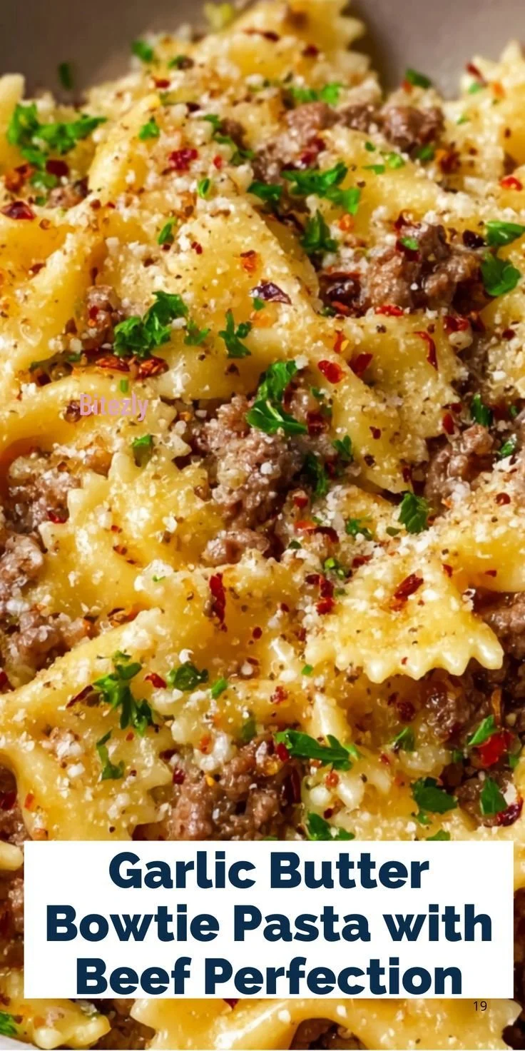 Delicious Garlic Butter Bowtie Pasta with seasoned beef and herbs