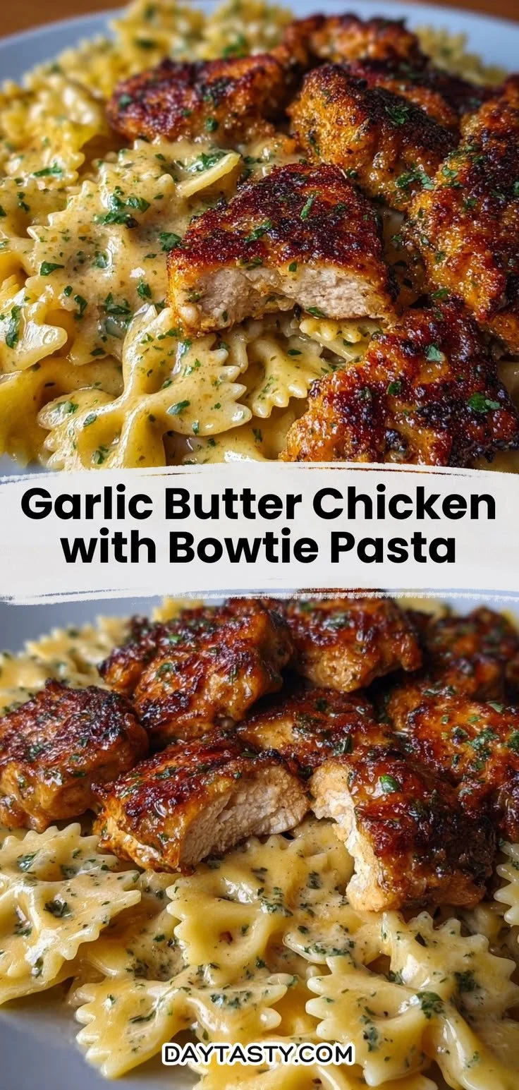 Delicious Garlic Butter Chicken served with Bowtie Pasta, garnished for presentation.