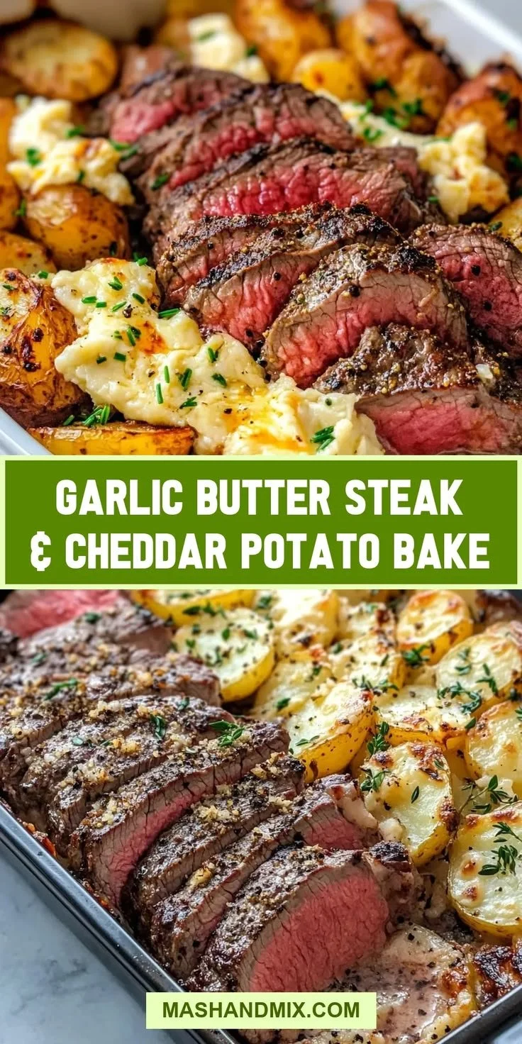 Garlic Butter Steak served with creamy Cheddar Potato Bake dish