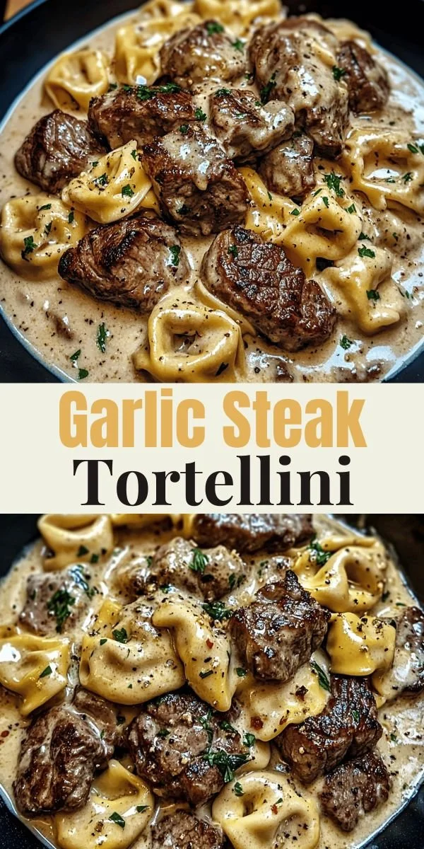 Delicious Garlic Steak Tortellini dish garnished with herbs
