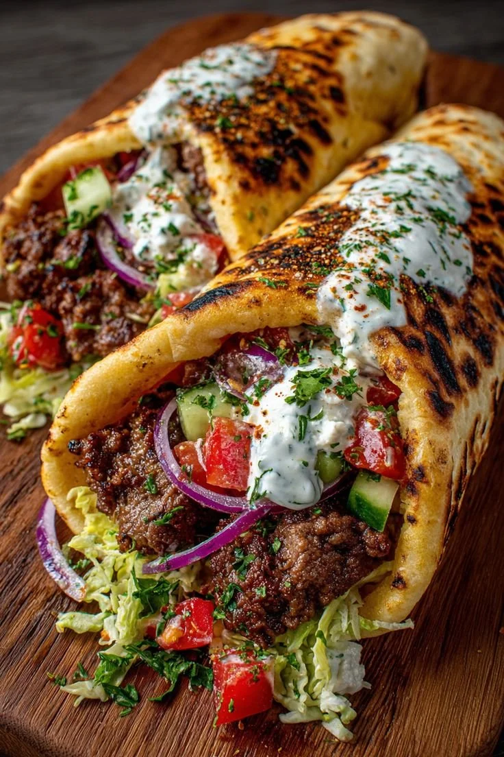 Greek beef wraps with roasted garlic feta sauce on a plate