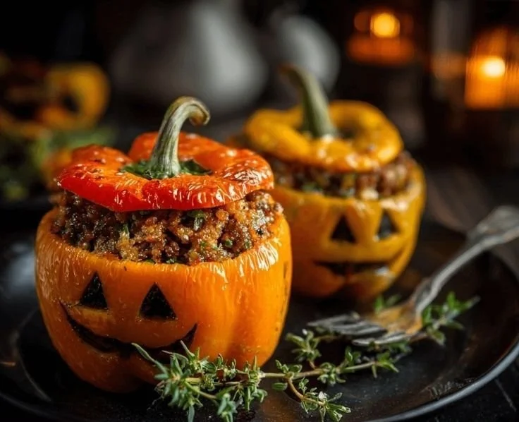 Ground Beef Halloween Stuffed Peppers on a Halloween-themed plate