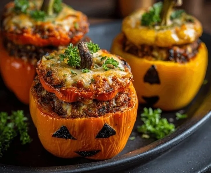 Ground Beef Halloween Stuffed Peppers