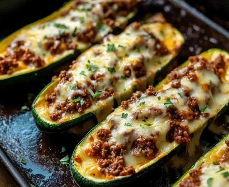 Delicious ground beef stuffed zucchini boats topped with cheese and herbs