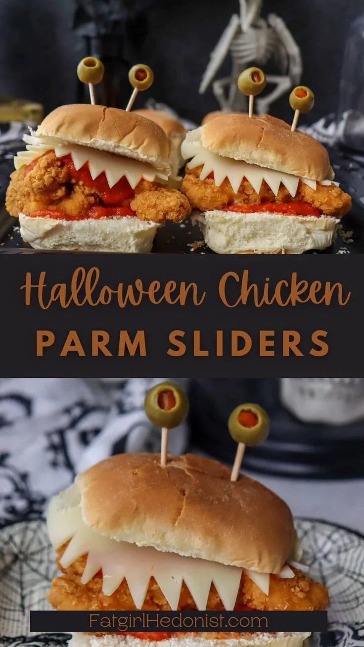 Halloween-themed chicken parm sliders served on a plate for a festive party.
