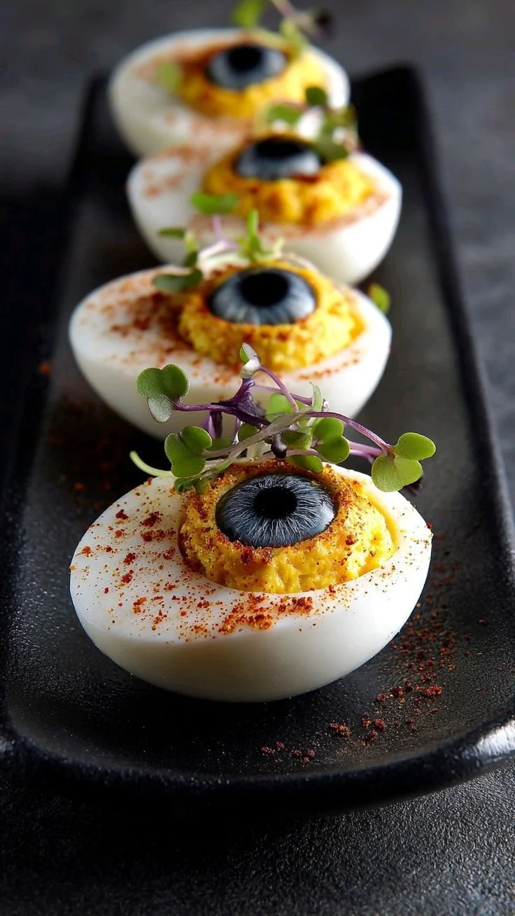 Halloween themed deviled eggs decorated for a spooky party