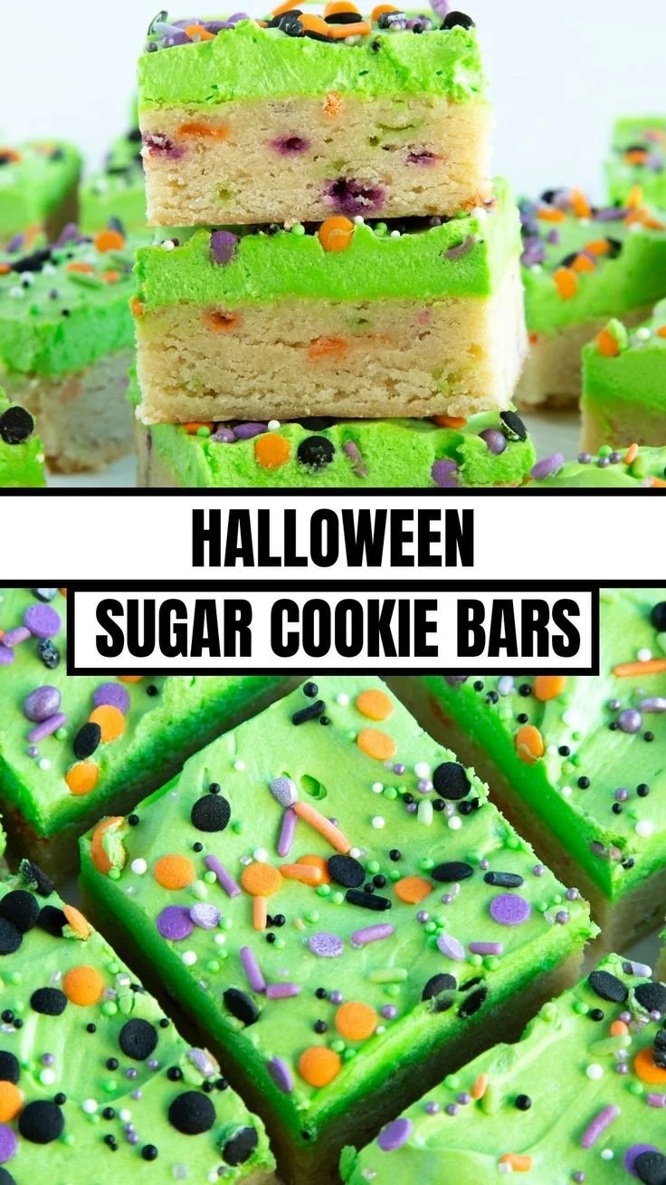Halloween-themed sugar cookie bars decorated with festive designs